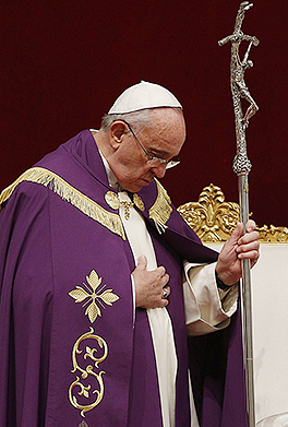 Pope Francis leads a Lenten penance service in St. Peter's Basilica at the Vatican March 13. During the service the pope announced an extraordinary jubilee, a Holy Year of Mercy, to be celebrated from Dec. 8, 2015, until Nov. 20, 2016. (CNS photo/Paul Haring) See POPE-PENANCE March 13, 2015.